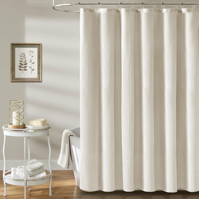 Linen Textured Waterproof Fabric Shower Curtain, 72x90, Light Cream | Heavy Duty Polyester Cloth, 12 Plastic Hooks, Quick-dry, Elegant Drape, Modern Hotel Style, Bathroom Decor, Machine Washable