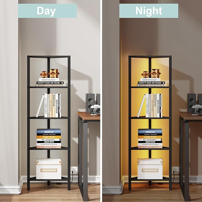 TUTOTAK Corner Shelf with LED Light, 5-Tier Corner Bookshelf | for Small Space, Narrow Display Corner Shelf Stand with Storage Rack, for Living Room, Bedroom, Black BS05BK005L