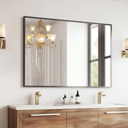 Sweetcrispy Bathroom Mirror, 30" x 40" Rectangle Wall Mount Mirrors | Modern Vanity Mirror with Tempered Glass, Metal Frame, for Home Decor, Anti-Rust, Black
