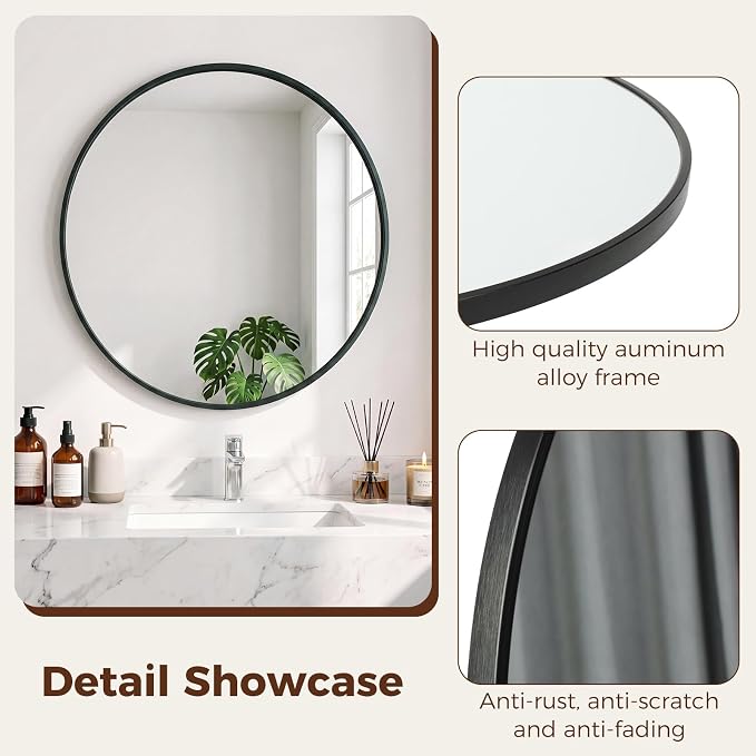Sweetcrispy 30 Inch Round Wall Mirror, Bathroom Mirrors for Over Sink | Matte Metal Framed, Wall Decor for Bedroom, Entryway, Anti-Rust, Tempered Glass, Hanging or Leaning, Black