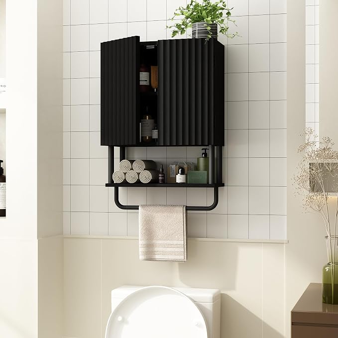 RUSTOWN Fluted Bathroom Wall Cabinet with 2 Doors, 3-Tier Medicine Cabinet | Modern Farmhouse Wall Mounted Cabinets, Over The Toilet Storage Cabinet, Adjustable Shelf and Towel Bar, Small