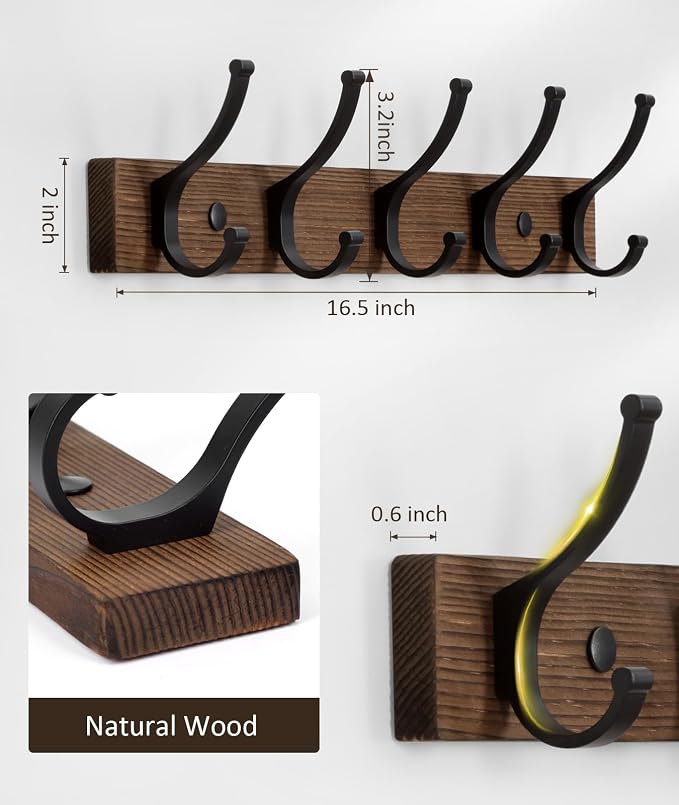 Optish Coat Rack Wall Mount, 16.5 Inches Wood Coat Hooks, Wall Hooks for Hanging, Hat Rack Bag Hanger Key Holder for Wall, Purse Hanger Towel Racks for Bathroom (1Pack, Brown)