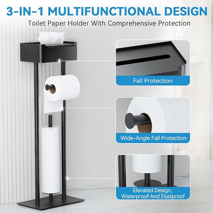 Toilet Paper Holder Free Standing - Toilet Paper Stand with Shelf | Storage for 4 Rolls- Bathroom Organizers, No Drill, for Large Toilet Rolls, 29.7 inch*12.6 inch (Matte Black)