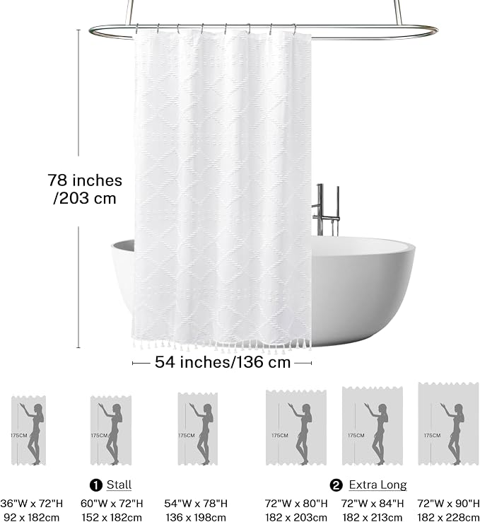 Extra Long Boho White Woven Fabric Shower Curtain with Tassels 54 x 78 Modern Farmhouse Minimalist, Tufted Chevron Striped Shabby Chic Textured, Water Resistant Cloth Curtain for Bathroom, Hotel Decor