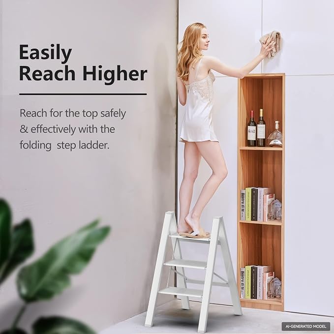 3 Step Ladder, Folding Step Stool, Lightweight Stepladder, White | Anti-Slip 7.9'' Wide Pedal;Space-Saving;For Kitchen, Home, Library, Office Use;300lbs Capacity