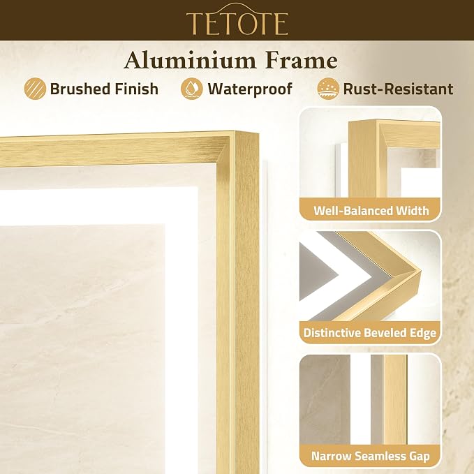 24 x 30 Bathroom Mirror Brushed Gold Metal Frame Frontlit & Backlit Vanity Mirror 3 Colors White/Warm/Natural Stepless Dimmable Anti-Fog Bathroom Mirrors for Vanity Wall-Mounted