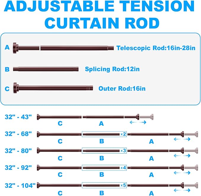 TEECK Shower Curtain Rod, 32-80 inch Adjustable Spring Tension Curtain Rod, Never Rust Anti-Slip Shower Curtain Rod for Bathroom, No Drilling, Never Collapse, Easy to Use, Brown