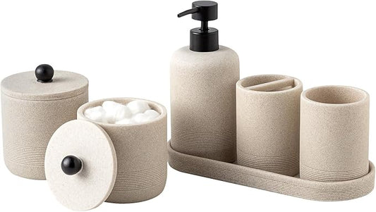 Bathroom Accessories Set, 6 PCS, Modern Sandstone Look, Beige | Simple, 15.22 OZ Soap Dispenser, Toothbrush Holder, Vanity Tray, Tumbler, 2 PCS Qtip Holders for Bathroom Countertop