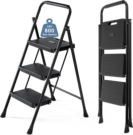 DUMOS 3 Step Ladder, Sturdy Step Stool with Anti-Slip Pedal & Comfortable Handrail, Portable Heavy Duty Stool for Kitchen, Garage & Outdoor Use, 800lbs, Black