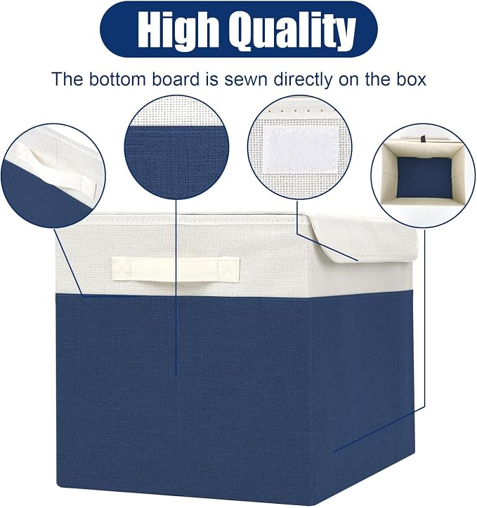 Large 42 Quarts Fabric Storage Bins with Lids [2-Pack] Linen Collapsible Foldable Baskets, Closet Organizer Containers boxes with Handles for Home Office (16.7 x 12 x 12, Navy Blue & White)