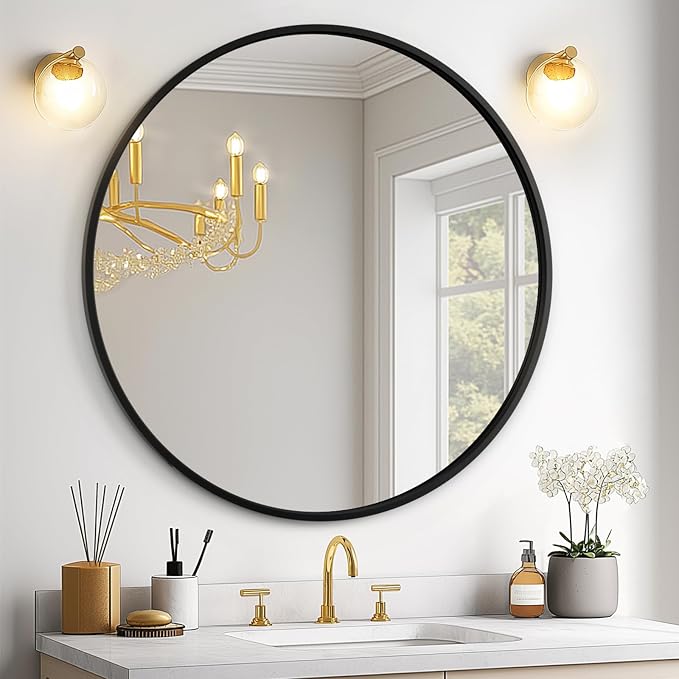 24 Inch Black Round Mirror for Over Sink | Circle Bathroom Mirror, Metal Frame Vanity Mirror, Modern Wall Mirror for Entryway Living Room
