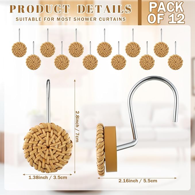 Colingmill 12 Pcs Boho Knots Shower Curtain Hooks Home Decorative Shower Rings Woven Wicker Ratten Decorative for Bathroom Farmhouse Curtain Hangers Accessories(Wood Color)