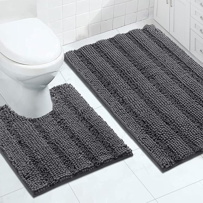 Turquoize Chenille Bathroom Rugs Set Non-Slip Bath Mats for Bathroom Super Absorbent Shaggy Rugs for Tub Shower Toilet Plush Bath Rug Plus U Contour Rug (Oversized: 24" x 36" and 20" x 24" U), Gray