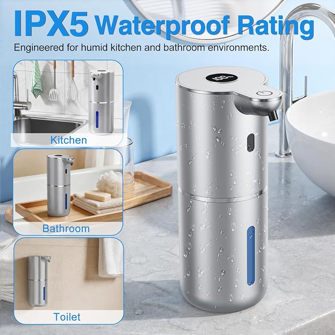 Fachixy Automatic Liquid Soap Dispenser Touchless, Smart Digital Display | 12.8oz/380mL, Up to 90 Days Battery Life, 6 Adjustable Level, Rechargeable, Wall Mountable IPX5 for Kitchen & Bathroom,Silver