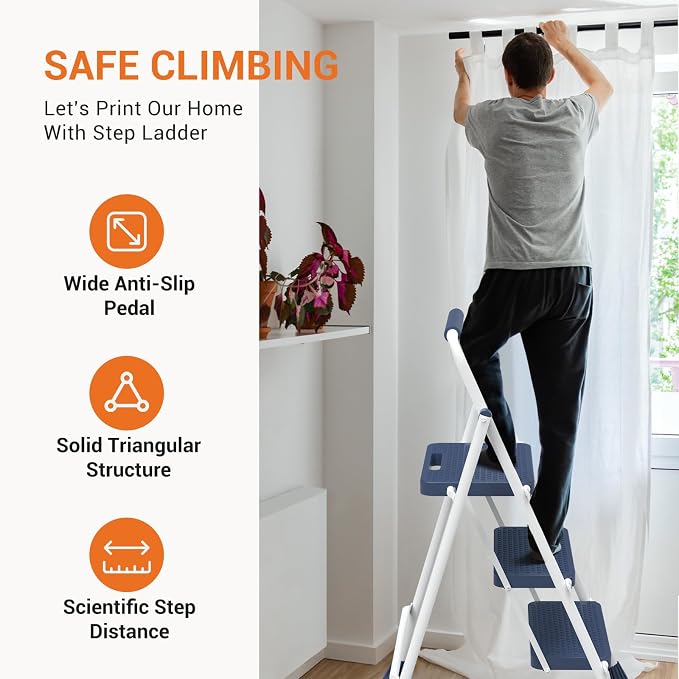 Sweetcrispy 3 Step Ladder, 800lbs Folding Sturdy Step Stool | Portable Stepping Stool with Wide Anti-Silp Pedal & Cushioned Handle, for Home Kitchen and Outdoor - Blue