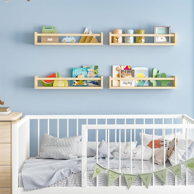 Fixwal Floating Nursery Book Shelves for Wall, 23.6in Set of 4 Natural Wood | Solid wood shelves store kids' books, toys and clothing. Fits kids' room, playroom, nursery, living room, bedroom & bathroom.