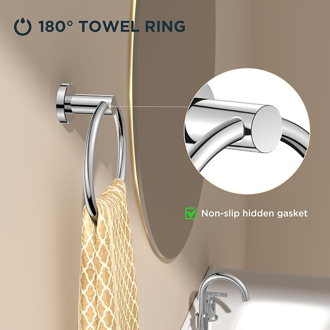 FORIOUS Bathroom Accessories Set, 4-Piece Bathroom Hardware Set | Chrome | SUS304 Stainless Steel Towel Ring, 2 Towel Hooks, and Toilet Paper Holder Wall Mounted