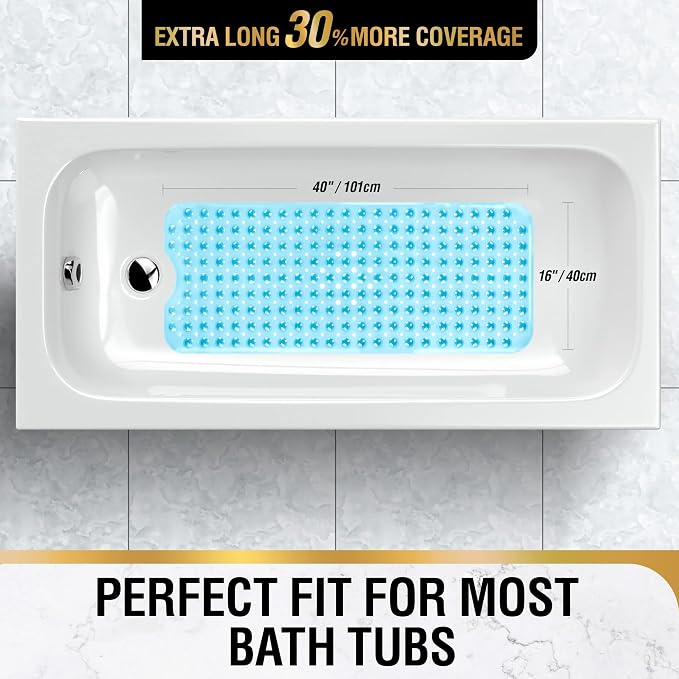 HITSLAM Bath Mat for Tub, Non Slip Bathtub Mat, 40 x 16 Inch Extra Long Bath Tub Mat, Machine Washable Bathroom Shower Mat with Suction Cups and Drain Holes, Soft on Feet, Clear Blue