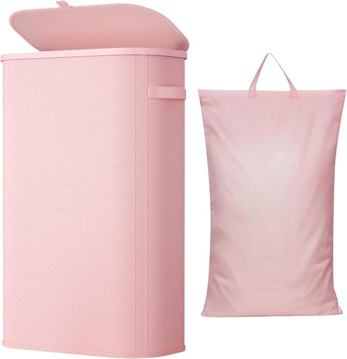 Lifewit Slim Laundry Basket with Lid and Removable Bag, 65L, Pink | Plastic Handles, Collapsible Narrow Laundry Hamper, Tall Skinny Laundry Bin, Clothes Hamper for Laundry, Bedroom, RV, Dorm