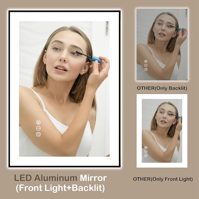 40x32 Inch LED Bathroom Mirror with Black Frame | Black Metal Frame, Front and Backlit, 3 Colors, Dimmable, Memory, Anti Fog, Tempered Glass, Lighted Mirror for Wall
