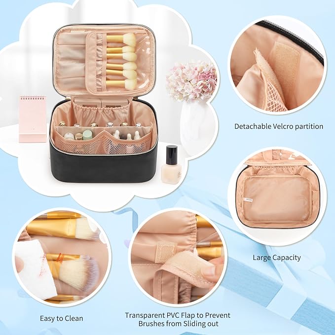 Makeup Bag Set, Portable Travel Makeup Bags Cosmetic Organizer Bag for Women Cute Floral Cosmetic Pouch Large Capacity Make up Bag PU Leather Toiletry Bags with Divider and Handle-Black