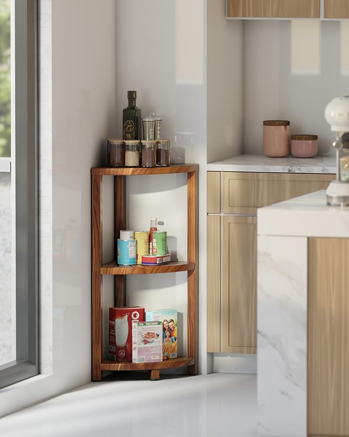 BLUEWEST 3-Tier Wooden Corner Shower Caddy Organizer with Anti-Slip Feet | Waterproof, Durable Bathroom Corner Shelf with a Space-Saving Design for Storage in Showers, Kitchens and Living Room Areas.