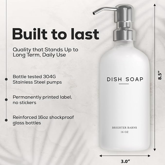White Glass Hand and Dish Soap Dispenser Set by Brighter Barns - Modern Kitchen Soap Dispenser Set & Pump for Sink - Farmhouse Home Decor, Minimalist Kitchen Accessories (White)