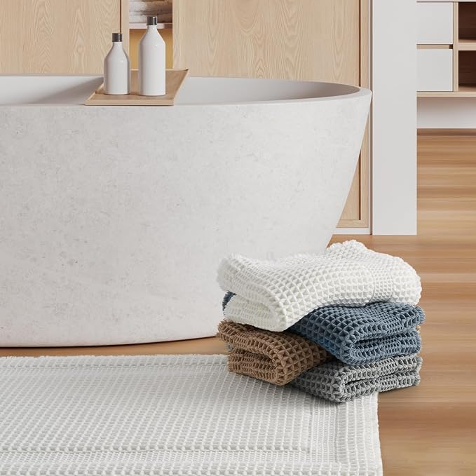 AMOAMI Waffle Bath-Mat, Absorbent Bath Mats for Bathroom Non Slip, Machine Washable Bathroom Rugs with Tassels Ultra Soft Boho Bath Rugs for Floor 2'x6'(24"x72") White