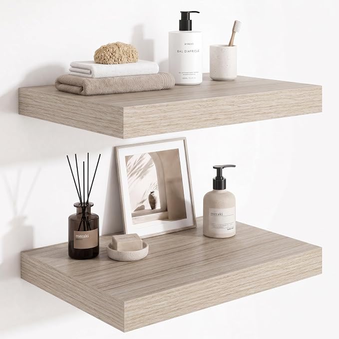 Deep Floating Shelves for Wall, 16 Inch Wide Small Wall Shelves Set of 2, 2 Inch Thick Invisible Wall Mounted Shelves for Bathroom Bedroom Nursery,Grey