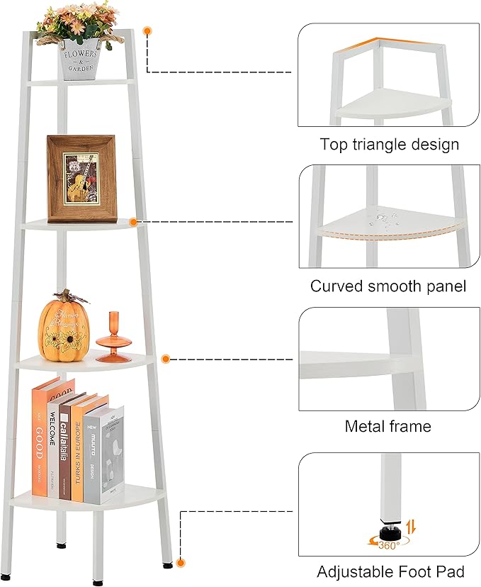 Hoctieon Corner Shelf, 4-Tier Corner Bookshelf, Rustic Corner Ladder Shelf, Industrial Display Shelf for Living Room, Kitchen, Home Office, Balcony, Small Space, Metal Frame, White
