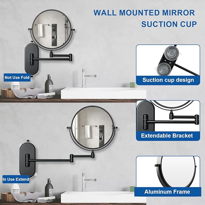 8“ Suction Cup Makeup Mirror Wall Mounted No Drilling, 1X/10X Magnifying Mirror Wall Mounted Makeup Mirror Swing Arm 360° Rotation, Wall Mount Powerful Suction Cup for Bathroom & Shaving Black
