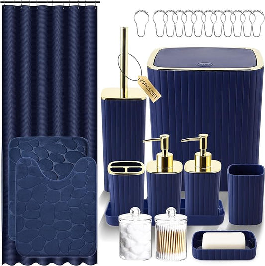 XLHOMO Bathroom Set with Shower Curtain and Rugs- 25PC Blue Bathroom Accessory Set, Navy Blue Shower Curtain Set, Toilet Brush, Trash Can, Qtip Holder & Soap Dispenser