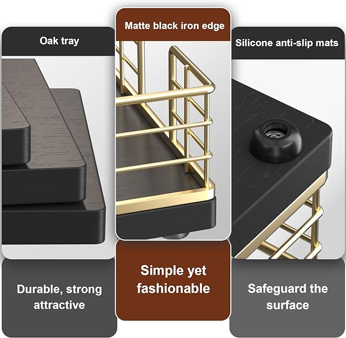 Wican Guest Towel Holder Tray for Bathroom, Oak and Iron Napkins Holder | Powder Room Dining Table Wooden Basket for Disposable Paper Hand Towels, Gold and Black