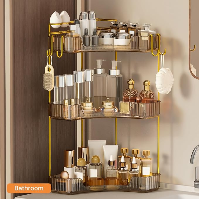 3-Tier Corner Bathroom Counter Organizer，Makeup & Skincare Shelf with Built-in Brush Holder，Space-Saving Bathroom Countertop Organizer for Skincare, Perfume, Cosmetics(Amber)