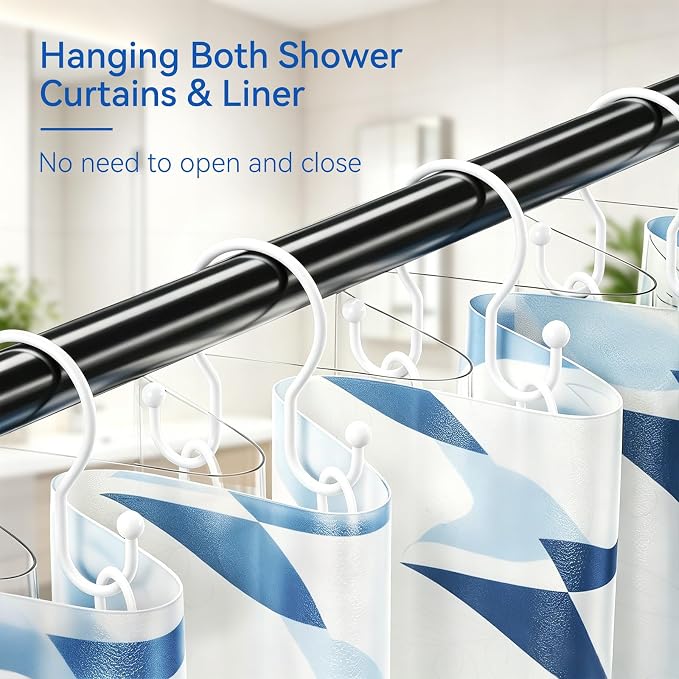 OEH Shower Curtain Hooks, 12 Pcs Minimalist Shower Curtain Rings, Metal Shower Curtain Hangers, Double Hook Shower Curtain Hooks Rust Proof, Glide Smoothly Shower Hooks for Shower Curtain Rod, White