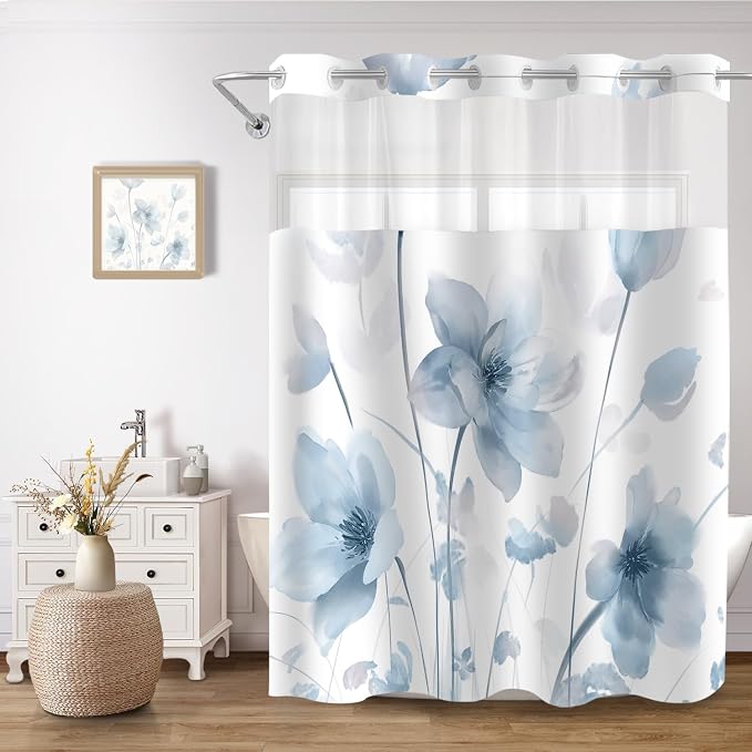 No Hook Shower Curtain and Liner Set, Blue Boho Floral 71x74 | Watercolor Boho Flower, with Snap in Liner, Waterproof, Machine Washable, Quick-Drying, for Hotel Bathroom