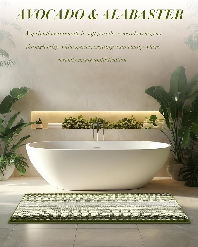 Chenille Bathroom Rugs, 24 x 43 Inches Non Slip Absorbent Bath Mat, Soft Shaggy Shower Bath Floor Mats for Bathroom, Machine Washable(Sage)