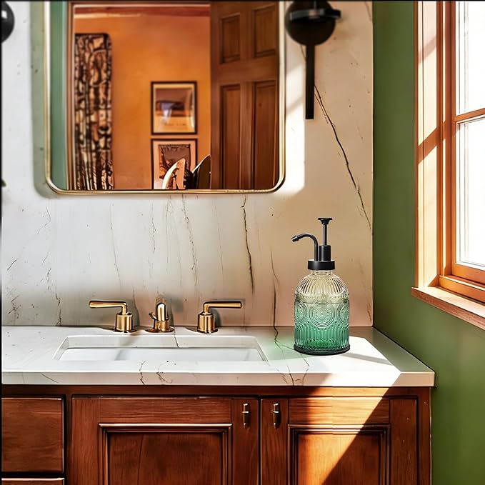 Amolliar 12 Oz Glass Soap Dispenser with Plastic Pump,Green-Gradient,2 Pack | Antique Rustic Hand Liquid Bottle for Bathroom/Kitchen, Vintage/Farmhouse/Boho Style, Pump Dispenser, Refillable