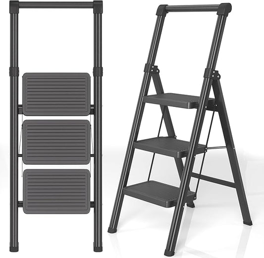 Foldable Step Ladder Stool for Home,3 Step Stool with Wide Anti-Slip Pedal, Heavy Duty 600Lbs Ladder for Indoor Kitchen Closet Stair Use, Black