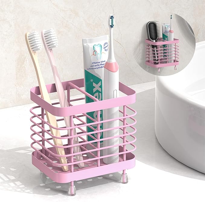 Luxspire Toothbrush Holders for Bathroom, Stainless Steel, 2 Slots, Pink | Wall Mounted ，Electric Toothbrush Holder, Toothbrush and Toothpaste Holder, Bathroom Organizer Essentials