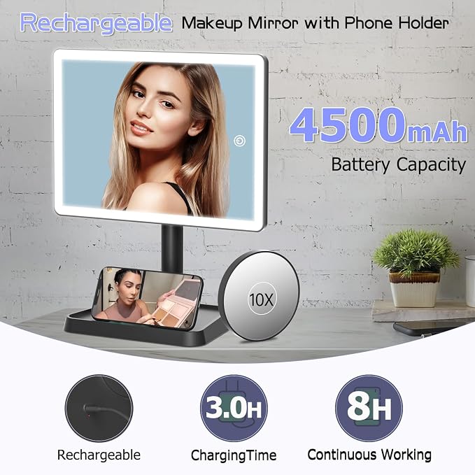FUNTOUCH 4500mAh Large Makeup Vanity Mirror with Lights & 96 LED,Black | Rechargeable Lighted Makeup Mirror with 10x Magnifying Mirror,3 Color Lighting 360°Rotation Touch Dimmable with Phone Holder