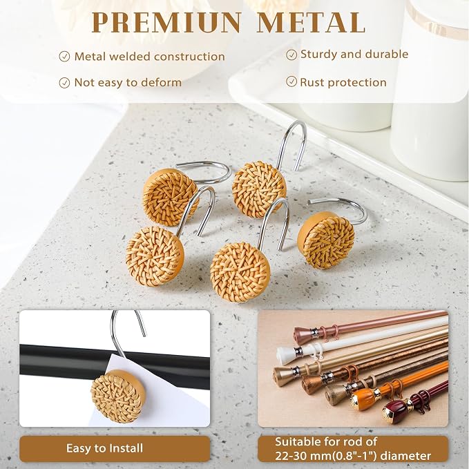 Colingmill 12 Pcs Boho Knots Shower Curtain Hooks Home Decorative Shower Rings Woven Wicker Ratten Decorative for Bathroom Farmhouse Curtain Hangers Accessories(Wood Color)