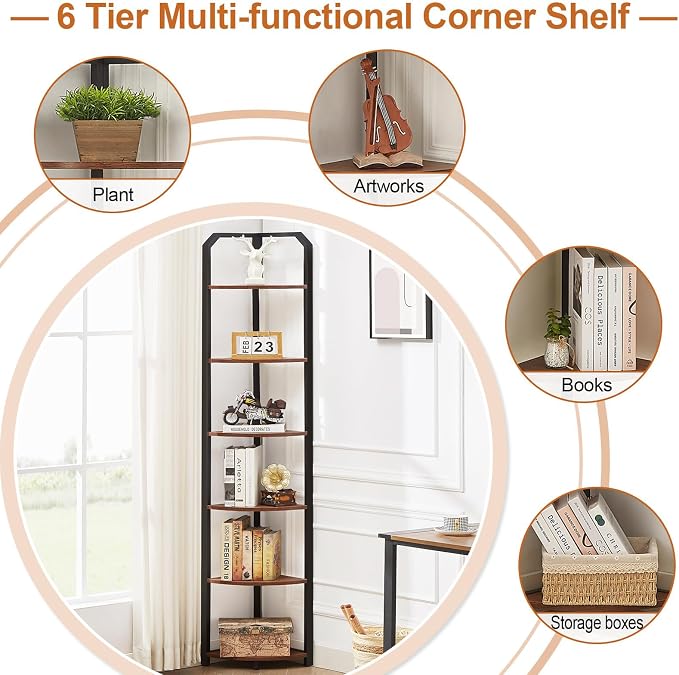 MNEETRUNG 6 Tier Corner Shelf,71" Narrow Corner Bookshelf for Living Room,Bedroom,Brown