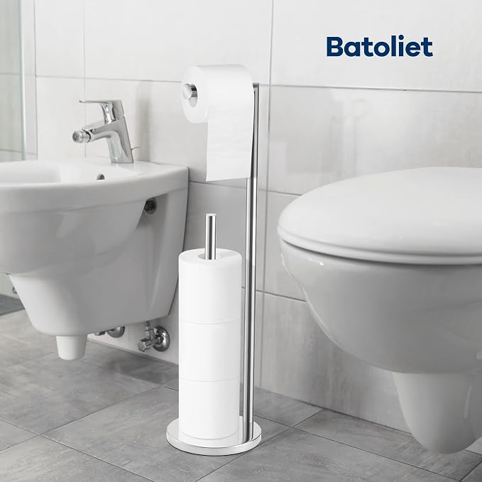 Toilet Paper Holder Stand, Bathroom Free Standing with Storage, Chrome | Rustproof Toilet Paper Roll Holder for 4 Rolls,with Non-Slip Stable Base,Bathroom Organizers and Storage