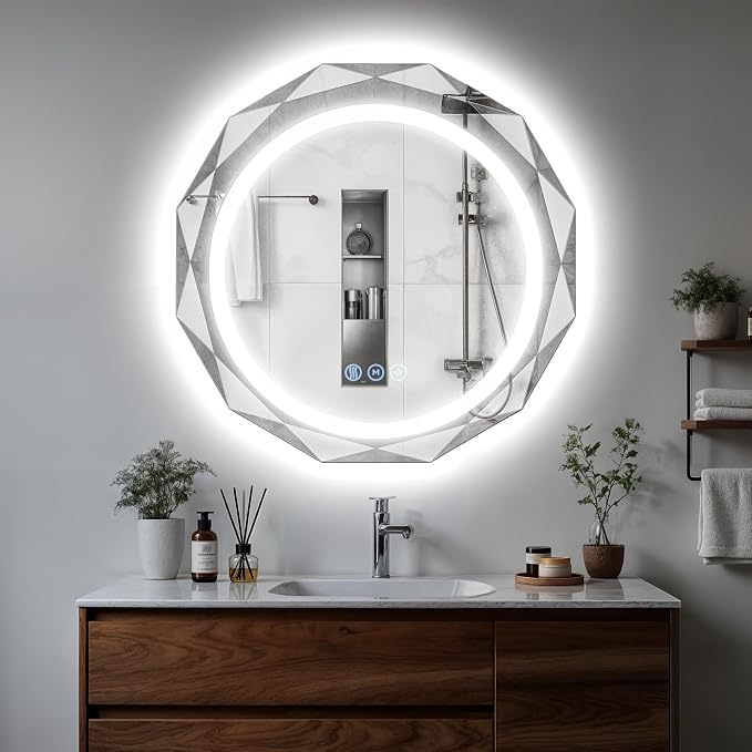 24" Round LED Bathroom Vanity Mirror, Backlit Anti-Fog Frameless | Beveled Edge, Dimmable 3 Colors, Memory Function, HD Shatterproof Tempered Glass, Lighted Mirror for Wall