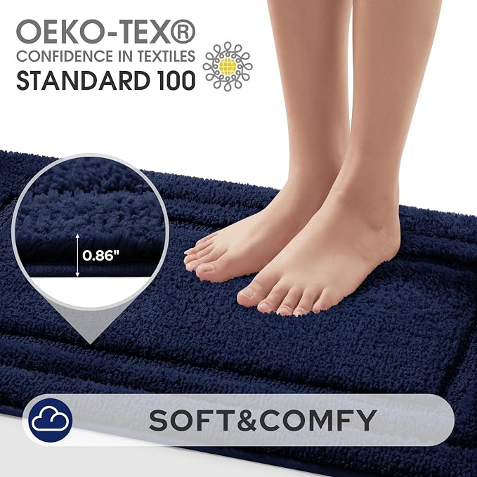 HOMEIDEAS 2 Pieces Large Bathroom Rug, Super Soft and Absorbent Long Rugs, Non Slip and Microfiber Bath Mat for Bathroom Decor (20"x47"+16" x 24", Navy Blue)
