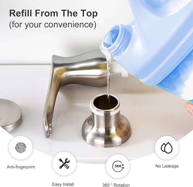 Kitchen Sink Soap Dispenser with 17 OZ Bottle - Brushed Nickel | Built in Soap Dispenser for Kitchen Sink, Lotion Dispenser for Kitchen Sink, Refill from The Top, G086BN