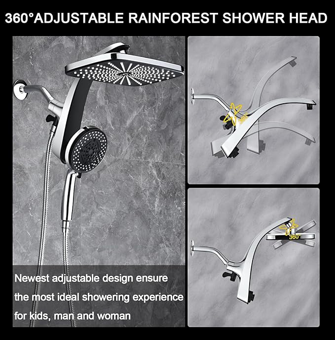 12" High Pressue Rain Shower Head with Handheld, 9 Sprays Hand Showerhead | Shower Heads with Handheld Spray Combo, Dual Head, Built-in Magnetic Docking, Power Jets, 59" Shower Hose, Chrome 1.75GPM