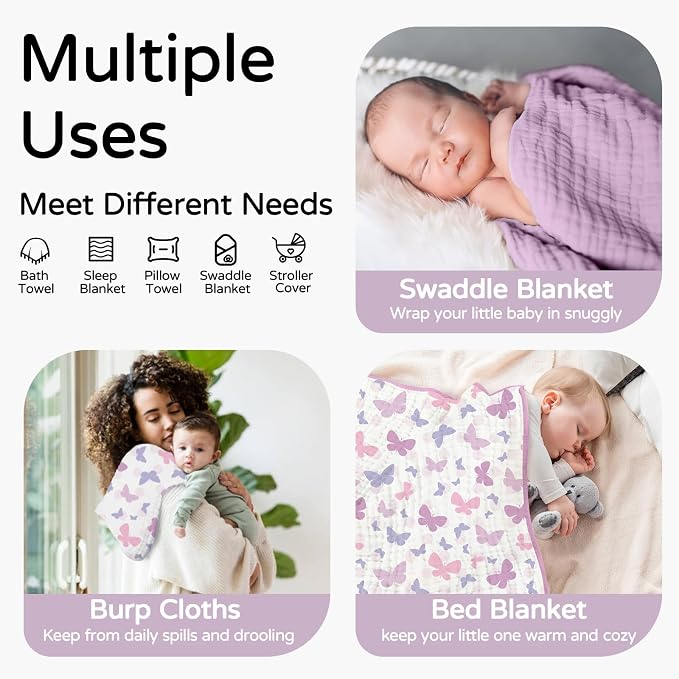 Yoofoss Hooded Baby Towels for Newborn 2 Pack 100% Muslin Organic Cotton Baby Bath Towel with Hood for Babies, Infant, Toddler and Kids, 32x32Inch, Soft and Absorbent Newborn Essential, Butterfly