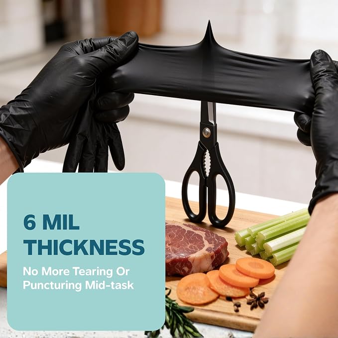 GUSTO Black Nitrile Gloves - Disposable Heavy Duty 6 Mil | Latex-Free, Powder-Free, Textured Fingertips, Food Safe, Flexible Fit, Cooking, Cleaning, Mechanics & Salon